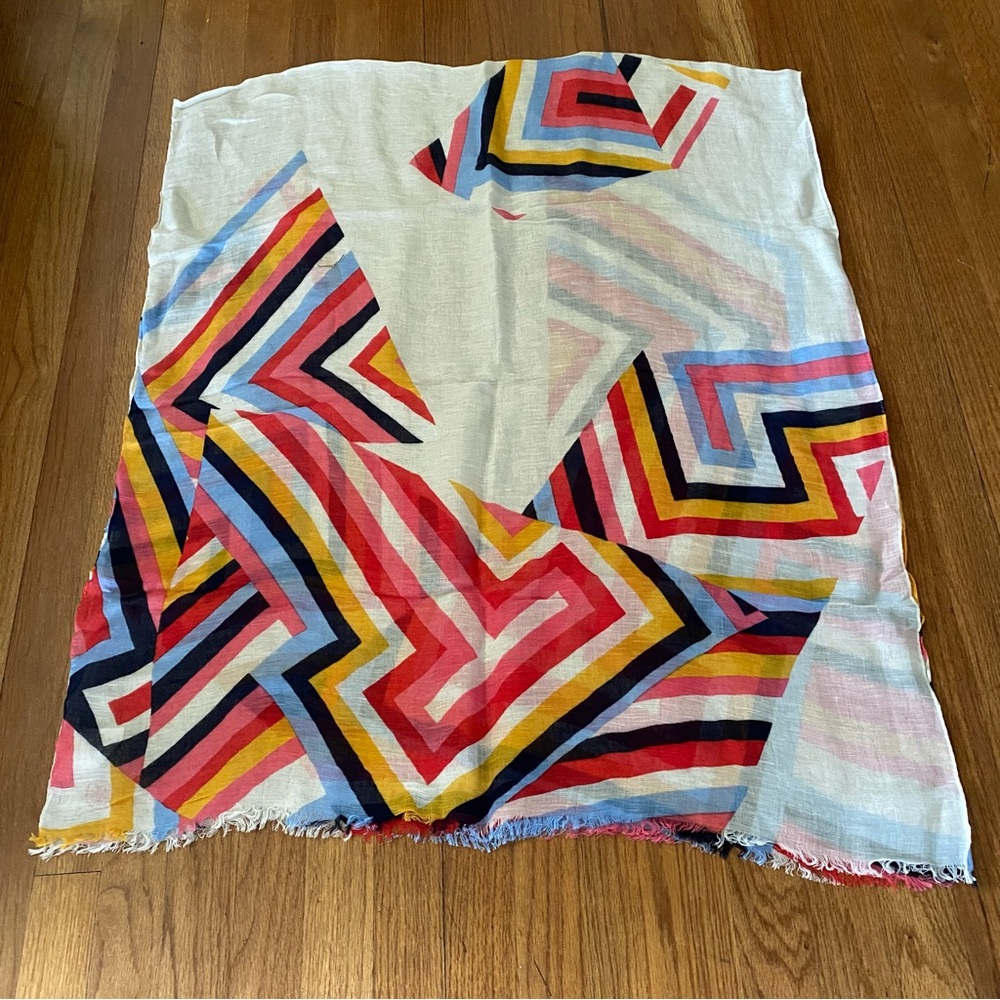 Tory Burch White Scarf with Multicolor Geometric Chevron Print - Picture 2 of 5